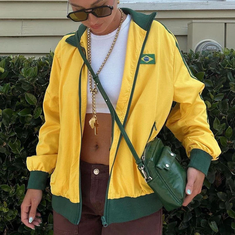 Y2k ästhetische brasilia nische gelbe übergroße Sweatshirt Männer Frauen Brief Stickerei Reiß verschluss Hoodie Vintage Goth Punk Jacke Mantel