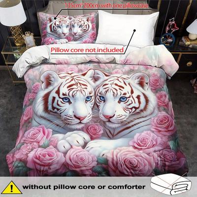 TEMU 2/3pcs White Tiger & Floral Print Duvet Cover Set - Soft Breathable Polyester Bedding With Zipper Closure, Cartoon Themed, , Machine Washable, Includes 1 Duvet Cover And 1 Pillowcases (no Insert)