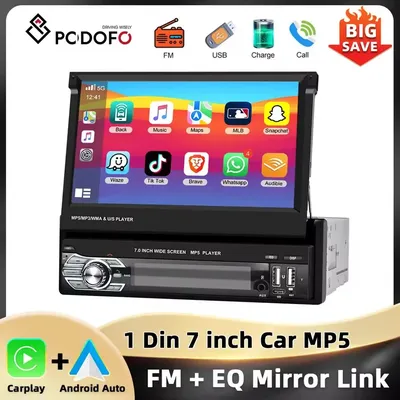 Podofo 1Din Retractable Screen Car MP5 Player Carplay Android Auto Bluetooth Mirror Link USB & Type-C Port AUX 7'' Car Stereo