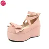 Damen Plateau Wildleder Mary Janes Knöchel Herz Schnalle Lolita Gothic Prinzessin Dicke Sohle Keile Pumps Kleid Schuhe Plus Größe 34-48