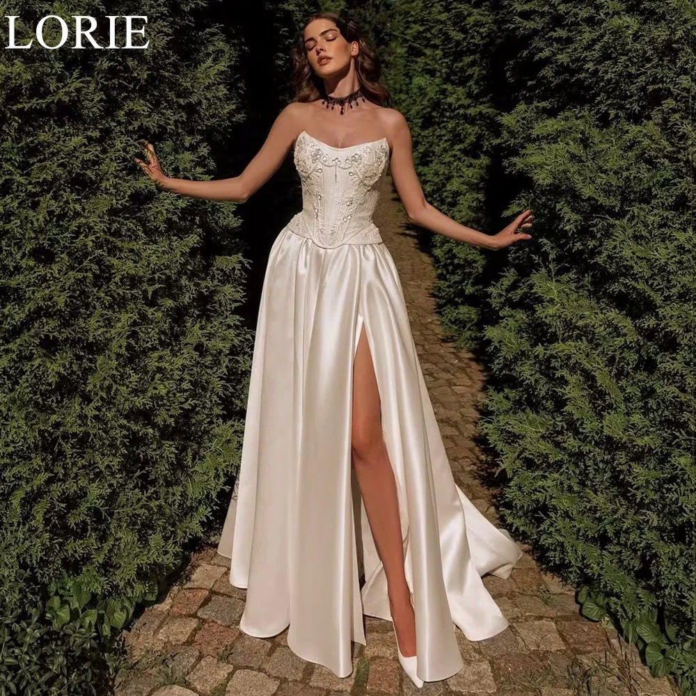 LORIE Abiti da sposa eleganti in raso A-Line con spacco laterale che borda senza spalline in pizzo pieghettato abito da ballo da sposa 2025 abiti da sposa personalizzati