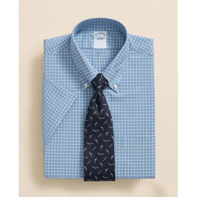 Brooks Brothers Men's Stretch Supima Cotton Non-Iron Broadcloth Polo Button-Down Collar, Checked Short-Sleeve Dress Shirt | Blue | Size 16½