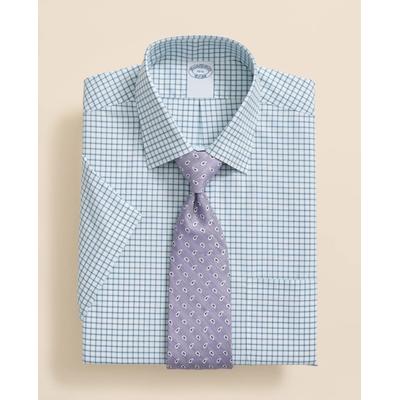 Brooks Brothers Men's Stretch Supima Cotton Non-Iron Broadcloth Ainsley Collar, Windowpane Short-Sleeve Dress Shirt | Blue | Size 18