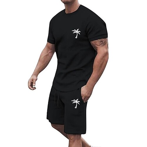 Herren T-Shirt Anzüge 2-teiliges Outfit T-Shirt und Shorts Kurzarm Rundhalsausschnitt Sommer Kokospalme Mode Lässig 2 teilig Urlaub Alltagskleidung Ausgehen Schwarz Weiß Gelb Top T-Shirt für Herren Image