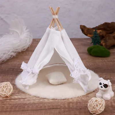 Dollhouse Mini Teepee Canvas Washable Tent 18cm Beige Round Plush Carpet Pillow Toddler Home Photo