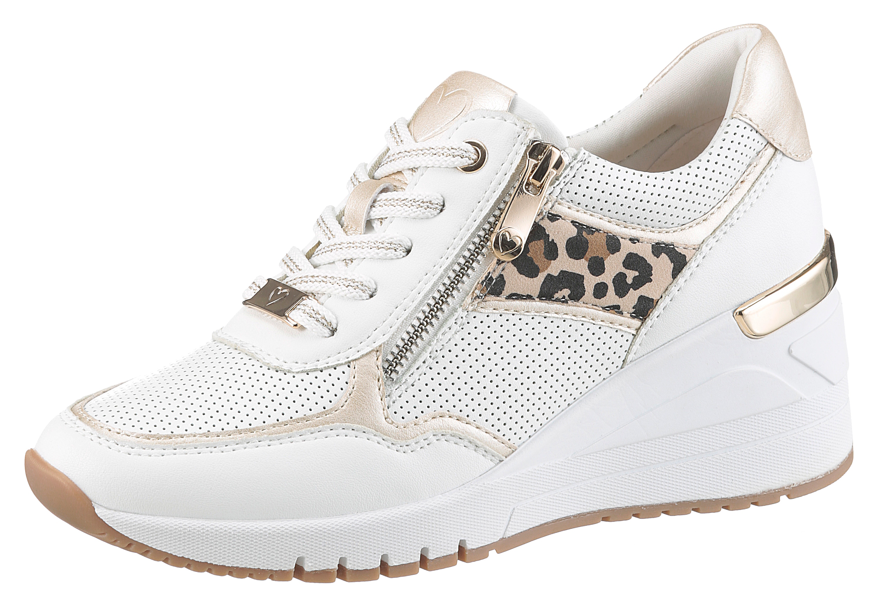 Keilsneaker MARCO TOZZI, Damen, Gr. 42, weiß (weiß, beige), Lederimitat, animal-print, kontrastfarbene Details, Schuhe Sneaker, Freizeitschuh, Halbschuh Schnürschuh mit Außenreißverschluss