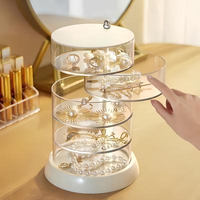 TEMU 1pc Rotating 5-layer Transparent Plastic Jewelry Organizer Box, Fragrance-free Earring Holder, Multi-compartment Travel Jewelry Tray For Bracelets, Rings, Watches, Hair Accessories