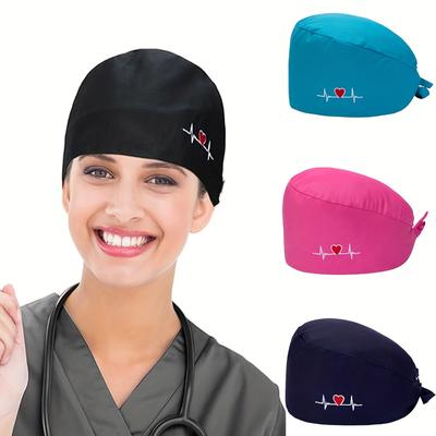 TEMU 4pcs Adjustable Scrub Caps With Heartbeat Embroidery, Multiple Solid Colors, Button Closure, Machine Washable Polyester Nurse & Chef Hats, Professional Hats|vibrant Headwear|stretchy Fabric Hat