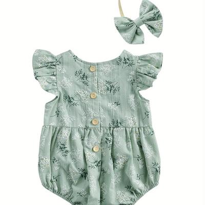 TEMU Floral Print Cotton Baby Romper With Matching Headband - Sleeves, Round Collar, Machine Washable - Pink/green, Baby Clothes, Outdoor