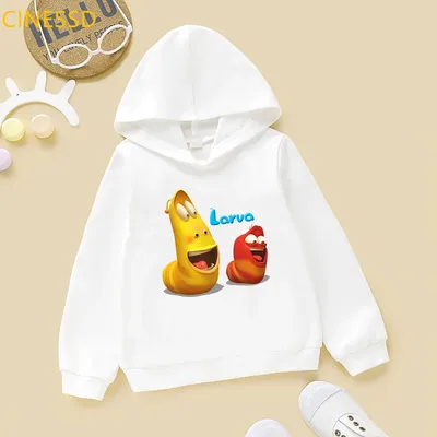 Funny Cartoon Larva Print Hoodie Boy Kids White Long Sleeve Sweatshirts Winter Coat Children's