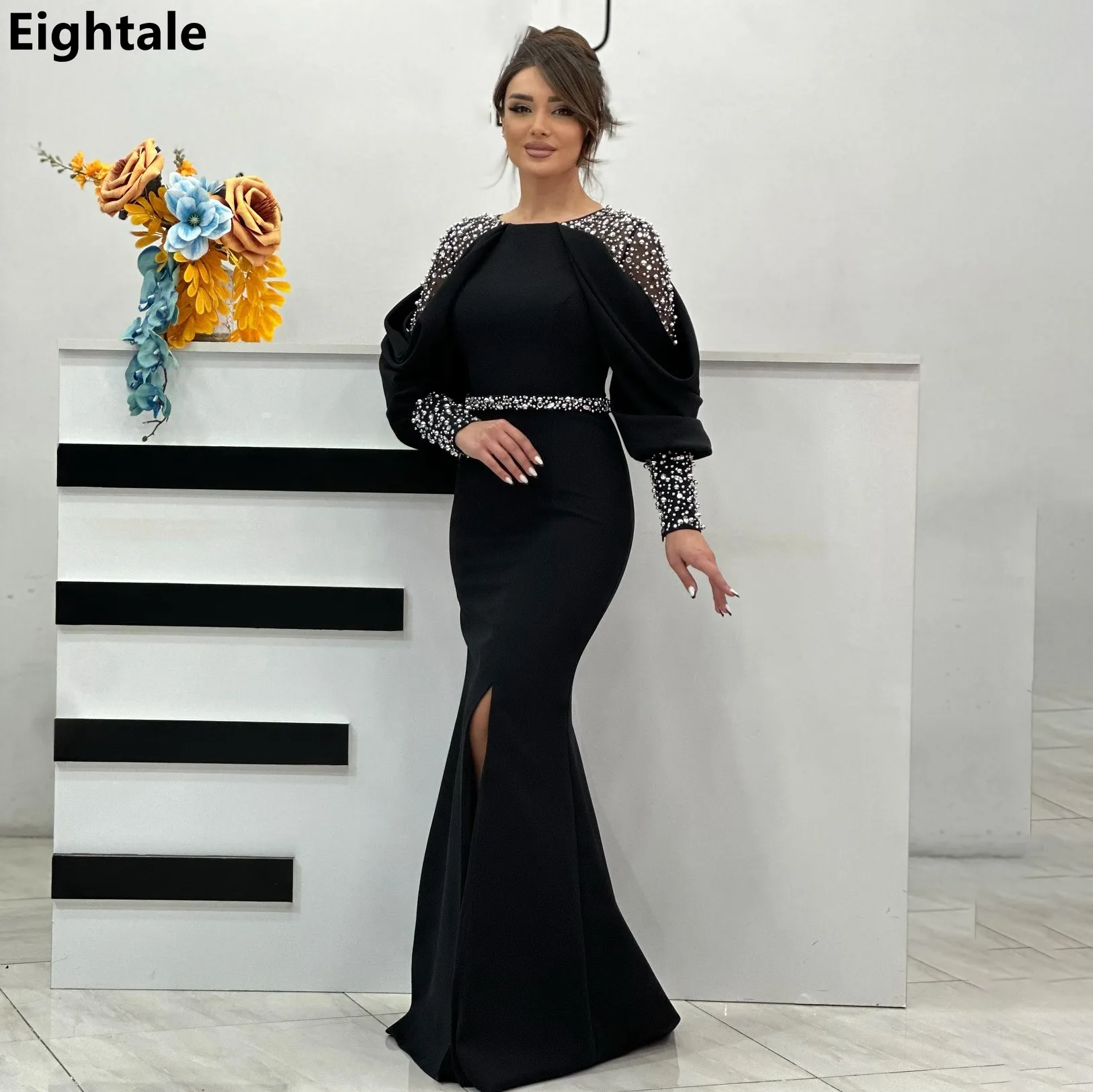Eightale 2025 Dubai Evening Dress Beaded Puff Sleeve Black Mermaid Saudi Arabic Prom Party Dress Women Formal Gowns Customized