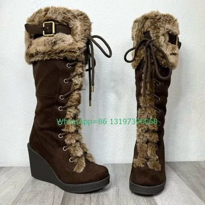 Lady Vintage Brown Fur Lace-Up Knee Boots Platform Wedges Heel Fur Dark Suede Brown Fur Feather