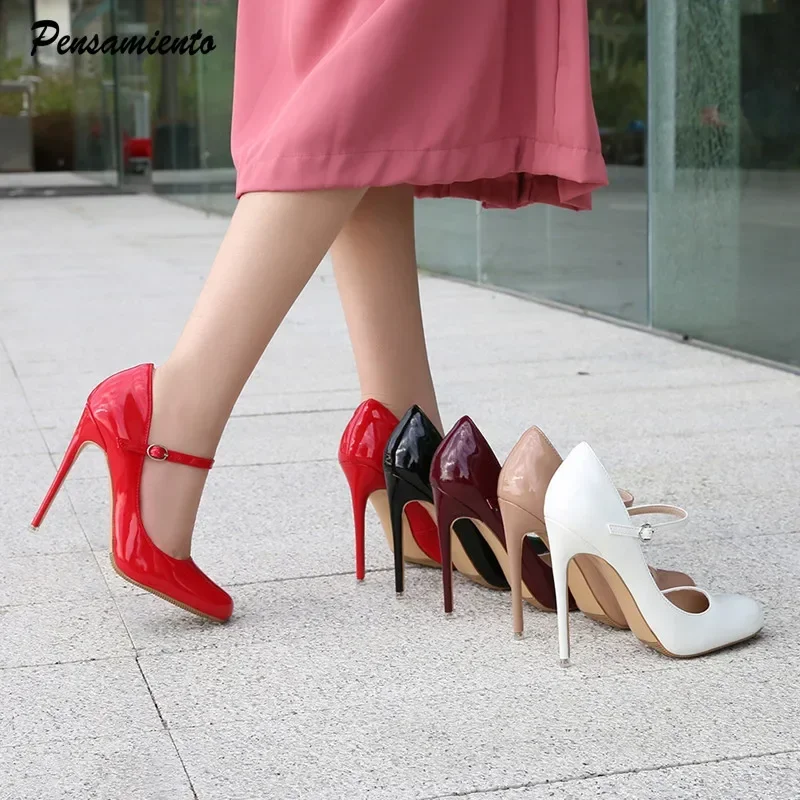 Big size Women Pumps Fashion Round toe Patent leather 12cm High Heels Spring Summer Office Lady Shoes