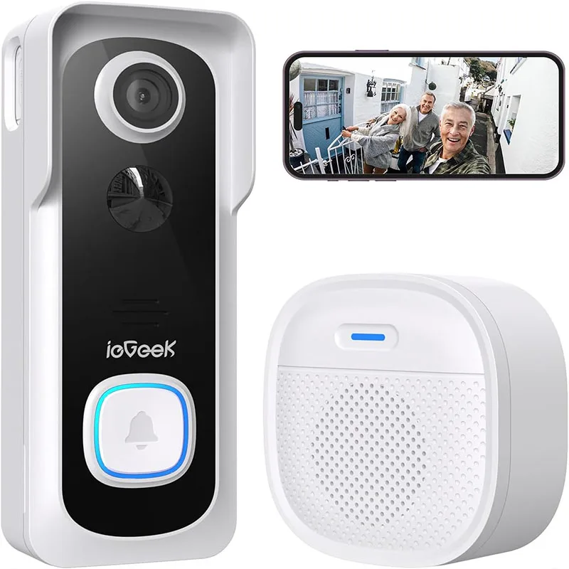 ieGeek Video-Türklingel kabellos mit Chime 2K HD Türklingelkamera, Smart Home Security Türklingel Sprachnachricht und Wechsler Image