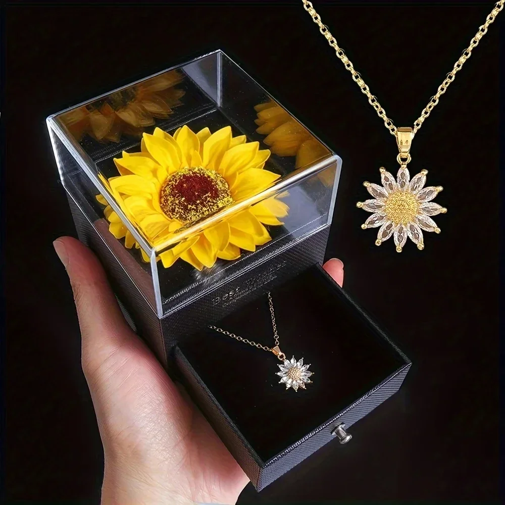 Coffret cadeau fleur collier tournesol avec boîte-cadeau cadeau fleur simulée pour petite amie fête des mères anniversaire saint valentin