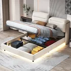 Lit de rangement, lit rembourré, avec éclairage LED, espace de rangement sous le lit, cadre de lit hydraulique et cadres à lattes, 140 x 200 cm