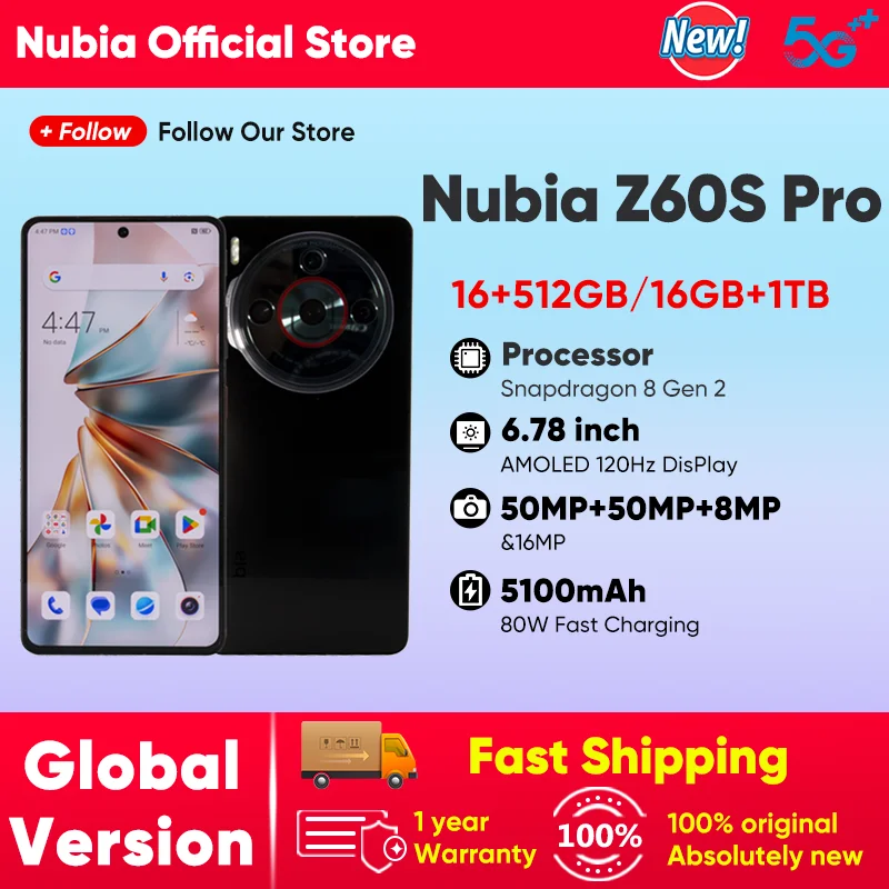 Version mondiale Nubia Z60S Pro 5G Smartphone Snapdragon 8 Gen 2 MyOS 14.0 120Hz 6.78 pouces écran AMOLED 50M + 50M + 8M 5100mAh 80W