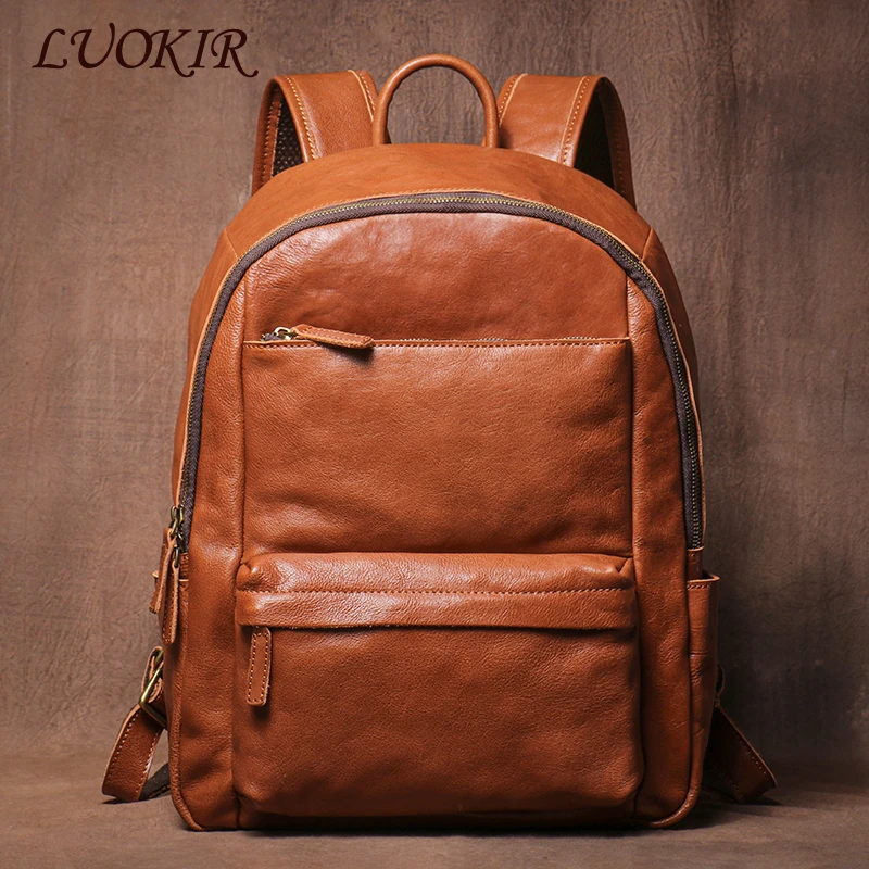 LUOKIR-Sac à dos de voyage vintage en cuir véritable pour hommes et femmes, sac d'école de style collège en cuir de vachette, sacs d'ordinateur pour ordinateur portable de 15 pouces