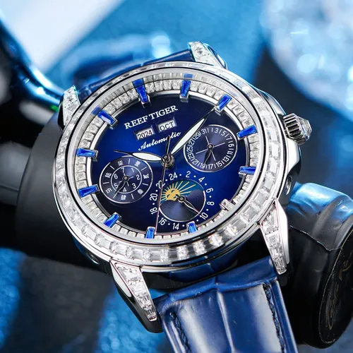 REEF TIGER-Montre existent pour Homme, Phase de Lune, Lunette Diamants, Cadran Bleu, Bracelet Cuir Étanche, Multifonction, 1988