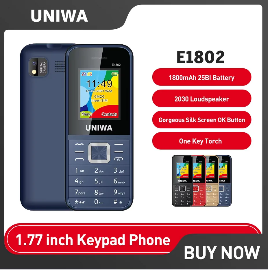 UNIWA E1802 2G téléphone portable 1.77 pouces téléphone à rabat bouton poussoir 1800mAh téléphone pour personnes âgées double SIM double veille sans fil FM