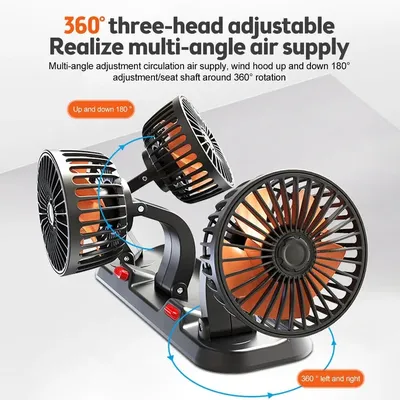 Car Fan 360° Adjustable 3 Head Air Fan Automotive Electric Fan USB/12V/24V Fan 2 Speeds Car Silent