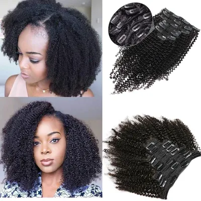 Afro Kinky Curly Clip In Hair Extension 100% Human Hair Natural Black Brazilian Kinky Curly Clip Ins