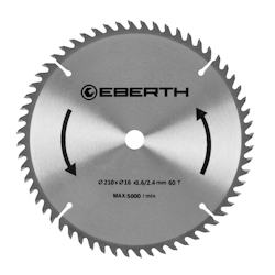 EBERTH Kreissägeblatt 210mm, 60 Zähne, Hartmetall, für Holz-Schnitte, 16mm Bohrung, 5000 RPM Image