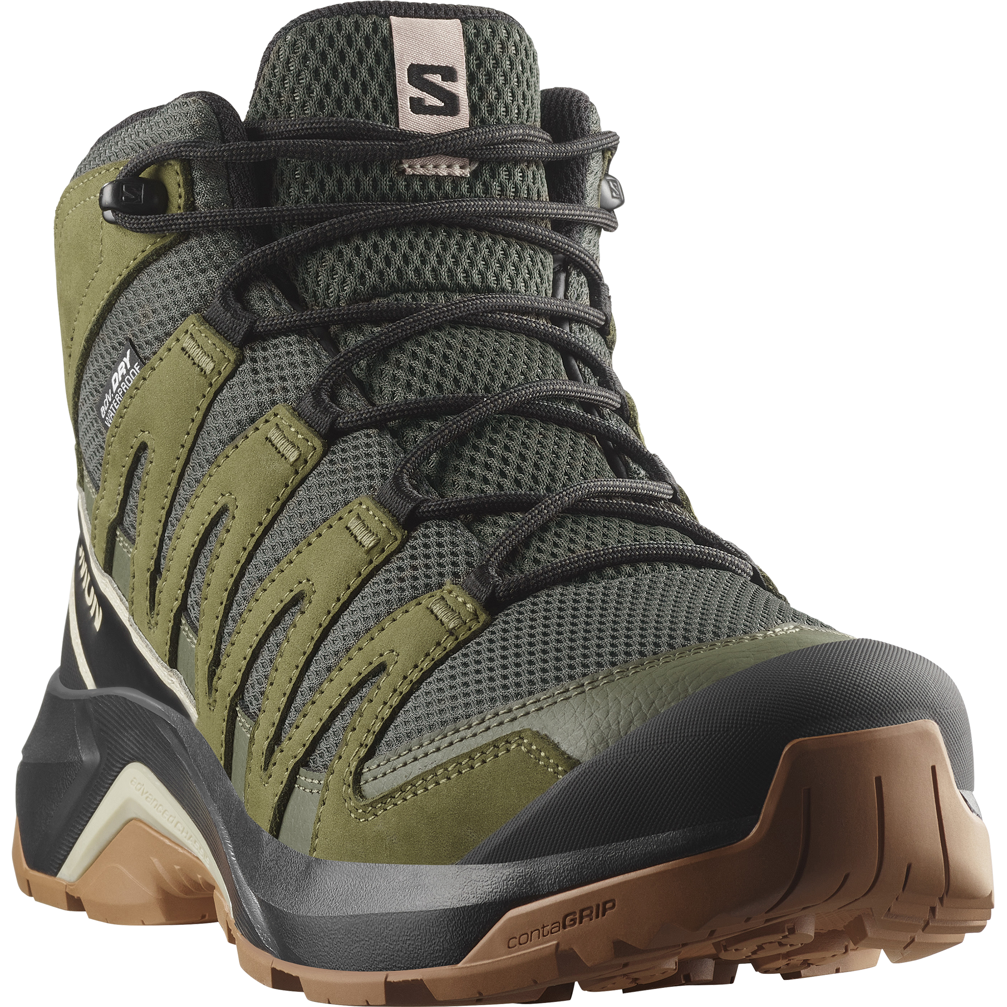 Wanderschuh SALOMON "X-ADVENTURE RECON MID GORE-TEX", Herren, Gr. 44, grün (peat, martini olive, oxford tan), Leder, Textil, Schuhe Wanderschuh, wasserdicht