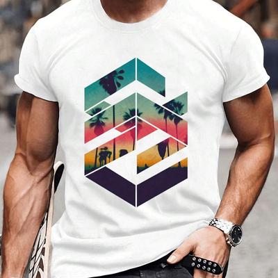 TEMU [ Apparel] Men's 100% Cotton T-shirt With Geometric Palm - Comfortable, Casual Short Sleeve Crew Neck Tee, Machine Washable Image