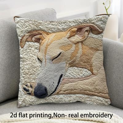 TEMU 1pc Vintage-style 18x18 Inch Greyhound Sleeping Plush Pillow Cover - Non-real Embroidery, 2d Flat Printing, Polyester, Hand Wash Only, Bed Or Chair Decor, Gift|vintage |woven Texture Image