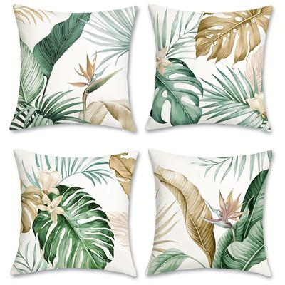 TEMU 4pcs 4pcs Set Of Daily Home Decoration Pillowcases With Palm Leaf Print Pattern - - 18*18 Inches Suitable For Sofa, Bedroom, Room And Outdoor Home Decoration - 100% Polyester Without Lining Image