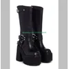 Lady Gothic Schwarze Plateau-Kniestiefel mit klobigem Absatz, Schnallenriemen, Metalldesign, Wadenstiefel, Y2K, neu eingetroffen, Runway-Schuhe, Größe 35–46