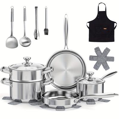 TEMU 16-piece Stainless Steel Cookware Set, Kitchen Pots And Pans Set, Induction Pots And Pans Cooking Set With Steamer, Glass Lids, Utensil Sets, Insulating Mats And Apron Compatible With All Stoves