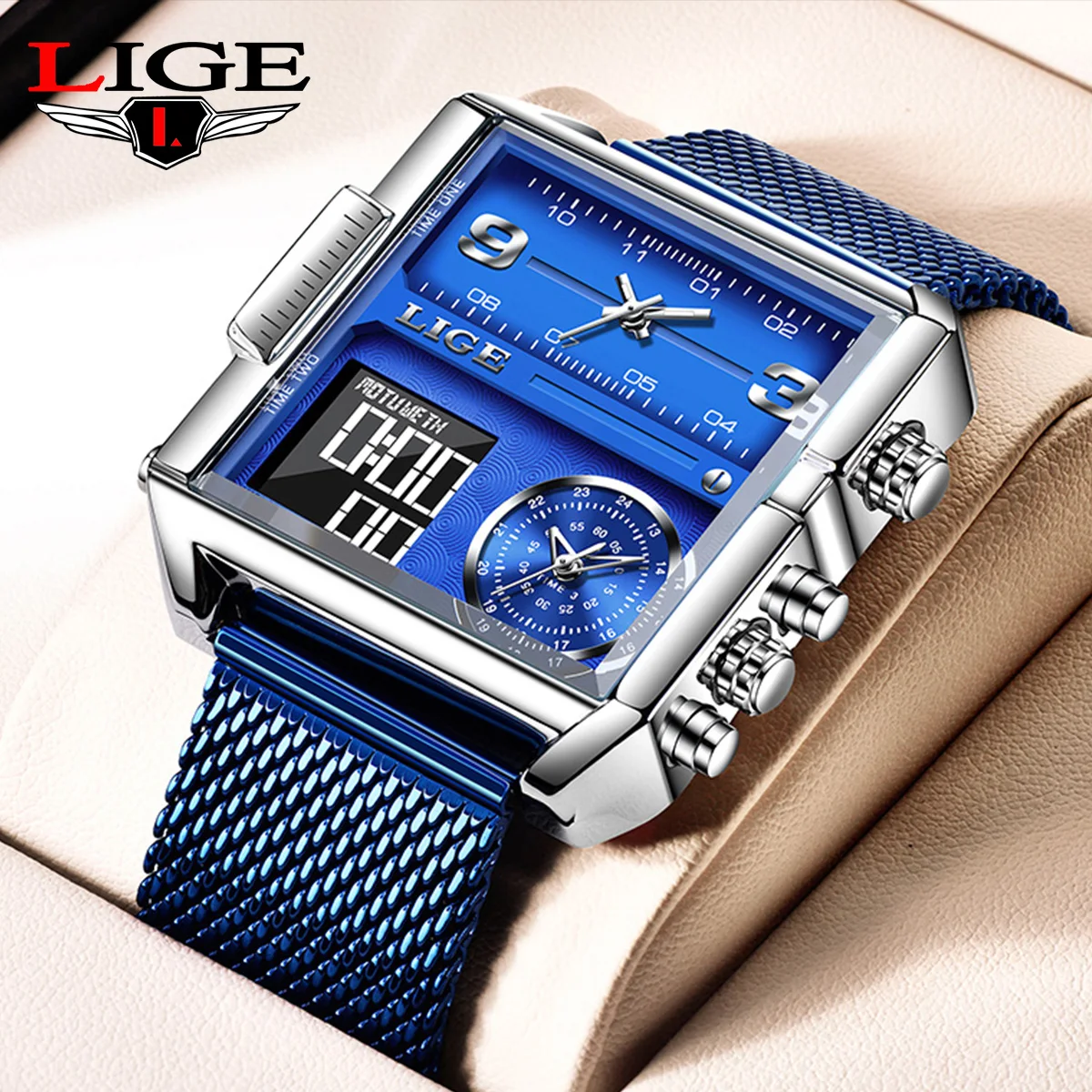 LIGE Herrenuhr Fashion Square Kalender Quarzuhren Männer Luxus LED Dual Display Digital Edelstahl Chronograph Mann Uhr Image