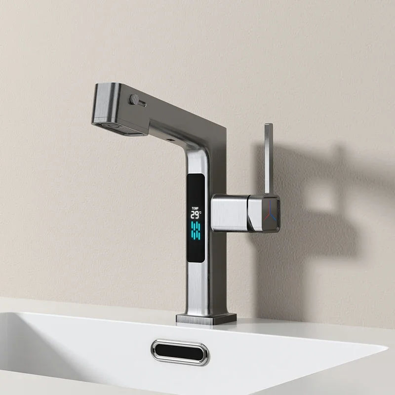 Hochwertiger, intelligenter, ausziehbarer, heißer und kalter Teleskop-Badezimmerhahn mit Digitalanzeige