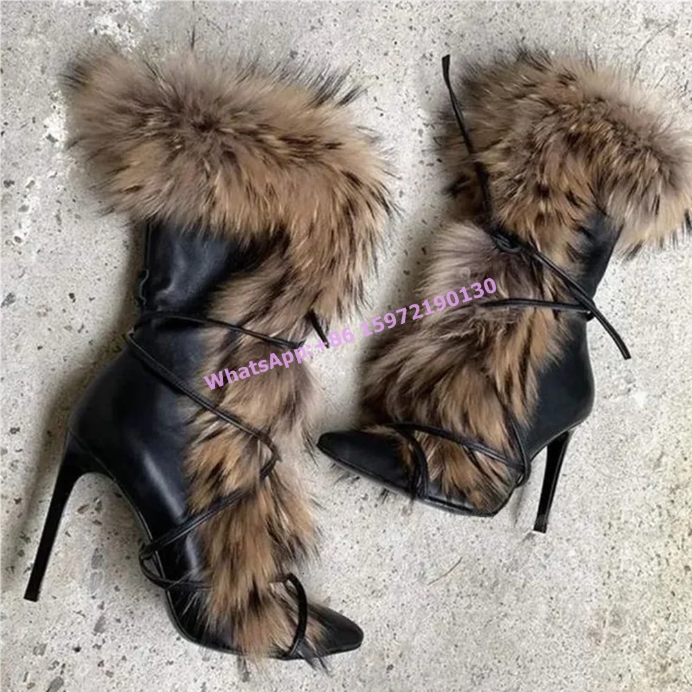 Weiche pelzige Winterstiefel, Schwarz, Braun, warm, spitze Zehen, Schnürung, luxuriöse mittelhohe Stiefel, sexy Fashion Runway Leder, Hotties-Schuhe Image