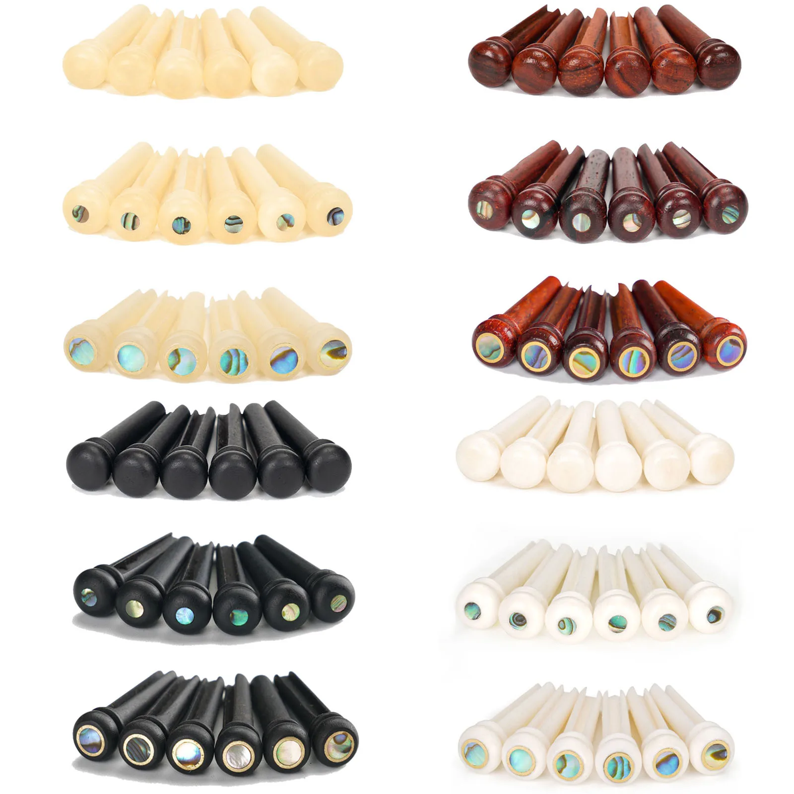 6 Stück Stegstifte für Akustikgitarre, Rinderknochen gebleicht/Primärfarben/Ebenholz/Cocoapolo Holz Gitarre feste Saitennägel Image