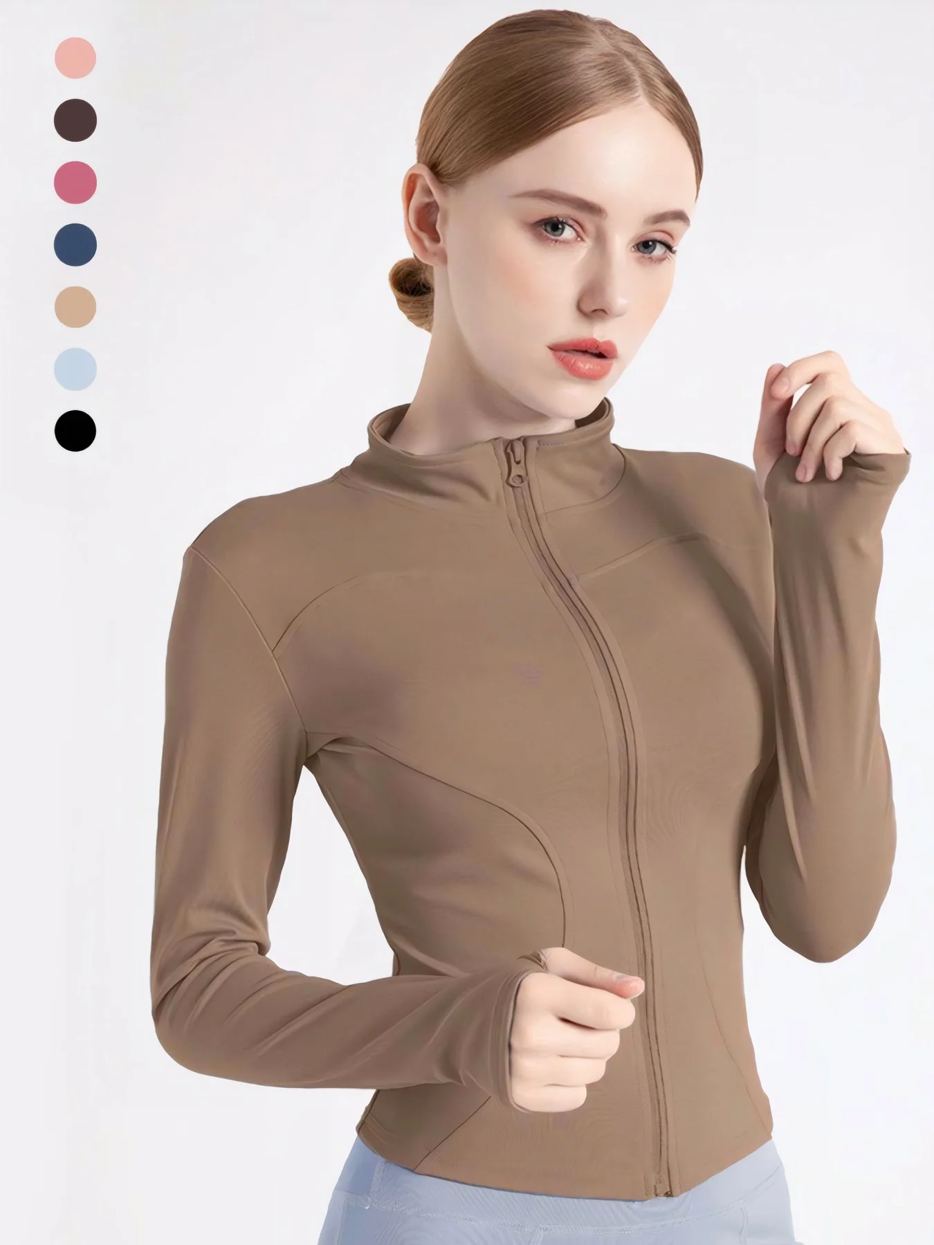 Frauen Taille Abnehmen Training Tops Engen Stehkragen Voller Reißverschluss Lange Ärmel Fitness Laufen Yoga Shirts Image