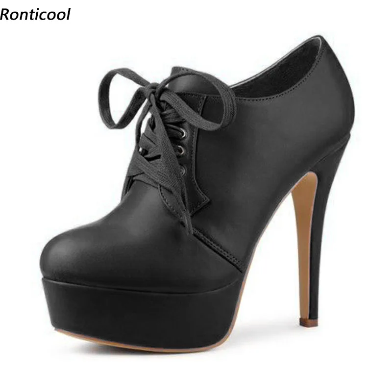 Ronticool Handgefertigte Damen-Frühlingspumps, Kunstleder, Stiletto-Absätze, runde Zehen, elegante schwarze Büro-Damenschuhe, US-Größe 5–20 Image