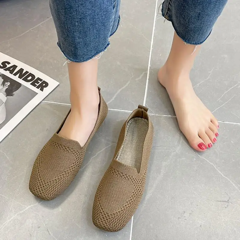 Scarpe basse primaverili e autunnali Scarpe basse da donna per il tempo libero alla moda Punta quadrata Scarpe da boutique slip-on comode elastiche lavorate a maglia