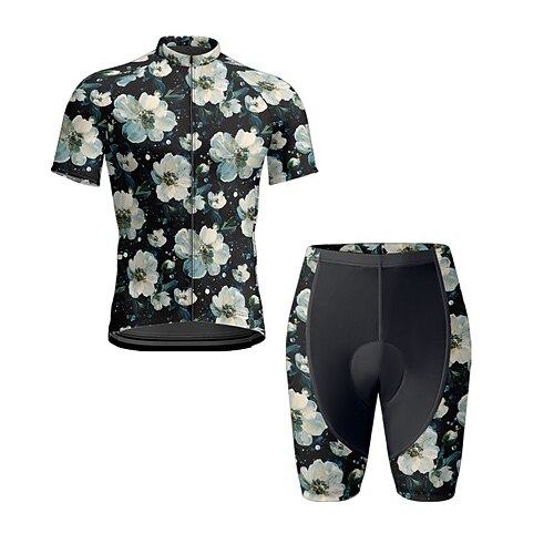 Herren Radtrikot mit Shorts Kurzarm Mountainbike MTB Straßenradsport Sommer Frühling Herbst Schwarz Rote Marinenblau Blumenmuster Fahhrad Frontreißverschluss Schweißableitend Bequem Atmungsaktiv Image