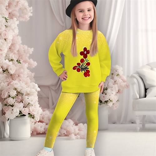 Mädchen 3D Blumen Graphic Sport-Outfit Trainingsanzüge Set aus Sweatshirt und Leggings Langarm Frühling Herbst Täglich Brautkleider schlicht Stumpfhosen kinderkleidung 4-12 Jahre Rundhalsausschnitt Image
