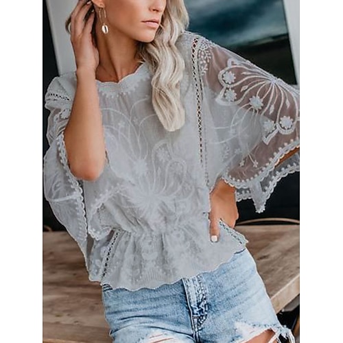 Per donna Camicia Camicia di Pizzo Top con cuciture in pizzo Blusa Pizzo Bordo in pizzo Tinta unica Elegante Casual Mezza Manica Manica a Volant Girocollo Top Regolari Quotidiano Ospite di nozze Ferie