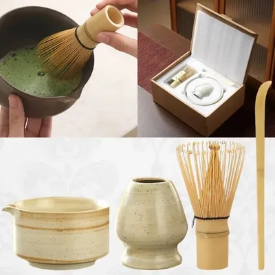 4PCS Traditional Bamboo Ceramic Japanese Matcha Tea Set Reusable Safe Matcha Stirring Brush Food