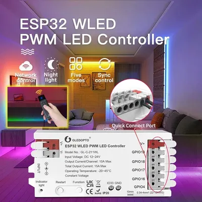 GL-C-211WL/GL-RC-001WL GLEDOPTO ESP32 PWM WLED LED Controller 5 Modes in 1 DC12-24V WiFi App For