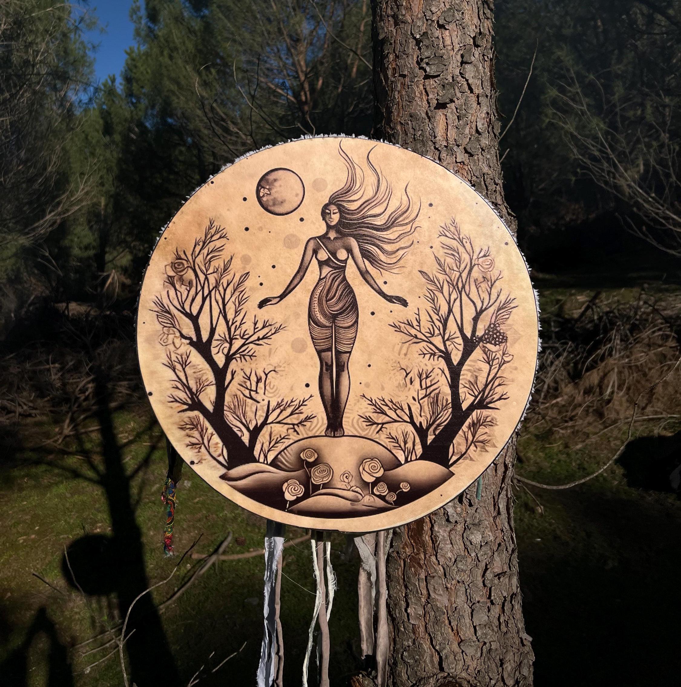 Tamburo rituale sciamanico tradizionale da 18 pollici - Tamburo da donna / Tamburo da meditazione / Strumento spirituale artigianale