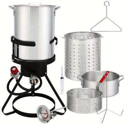 TEMU 18qt/30qt/50qt Gas Turkey Fryer Kit - Black Round Steel Burner Stand With Silver Aluminum Pot