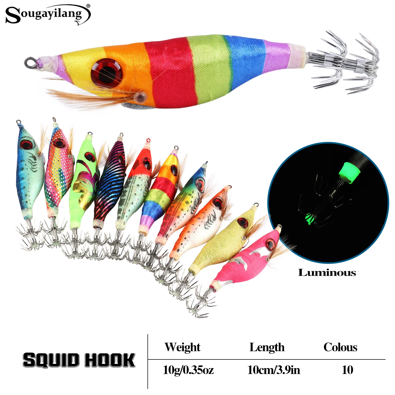 Sougayilang 3D-biomimetischer Tintenfischköder mit mehrfarbigem fluoreszierendem Klebeband und Bleianhänger, Doppelhaken-Design für starke Anziehung Image