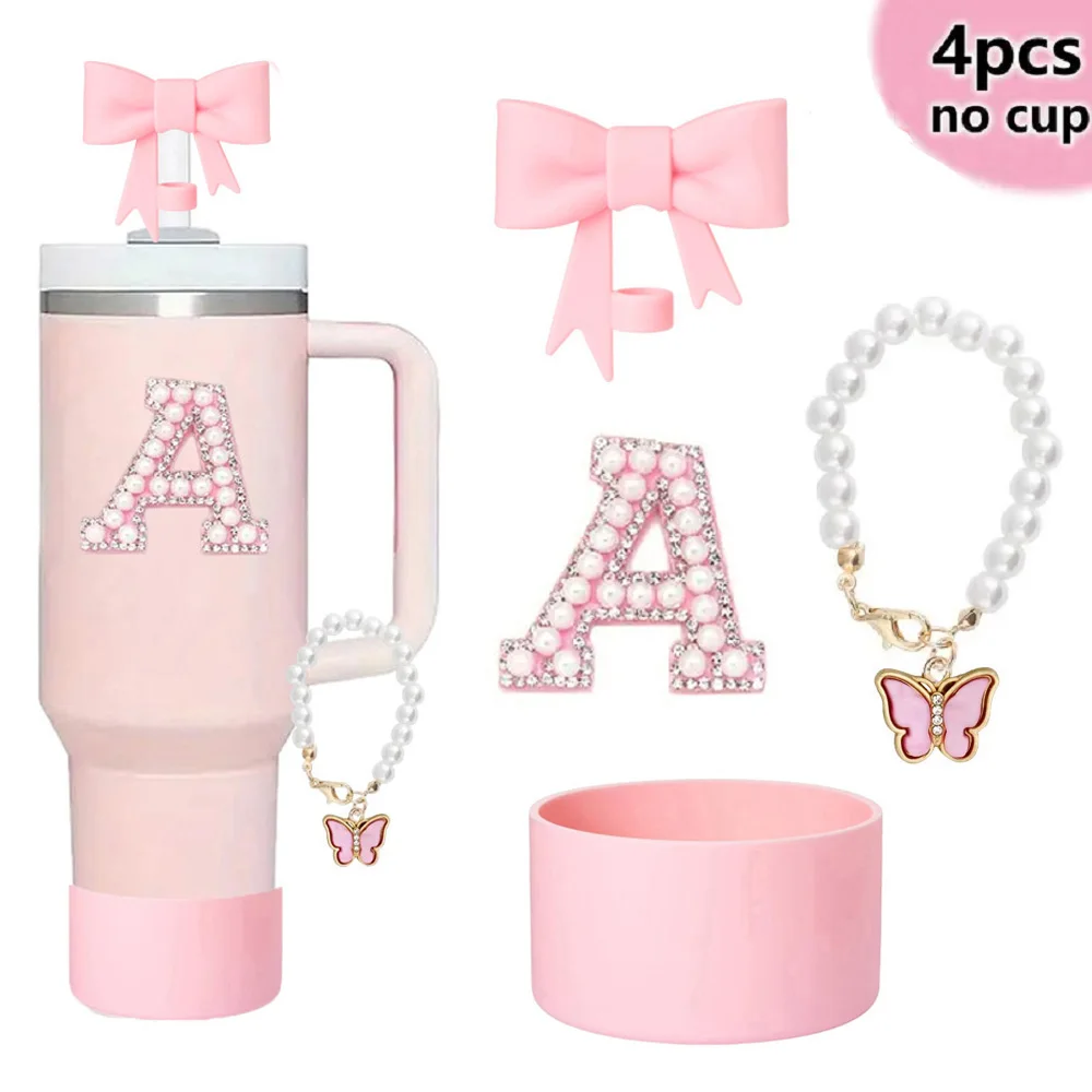4-teiliges Silikon-Tumbler-Zubehörset für Stanley Cup-Dekor mit Strohhalm, Schleife, künstlicher Perlen-Schmetterlings-Schlüsselanhänger zur Dekoration Image