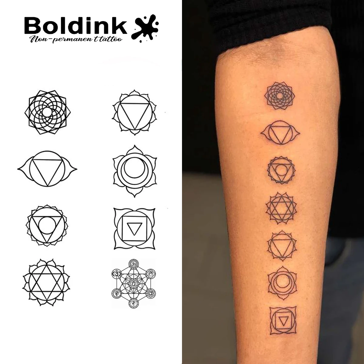 Boldink Heilige Geometrie-Symbole setzen temporäre Tätowierung, letzt bis 15 Tage, neue Technologie, magischer, wasserfester, semi-permanenter Aufkleber. Image